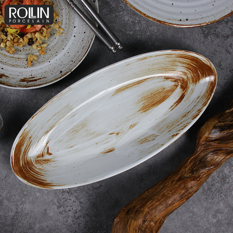 주문을 받아서 만들어진 판 사기그릇 식기류 세라믹 저녁 식사 접시 판 세라믹 타원형 판 대중음식점